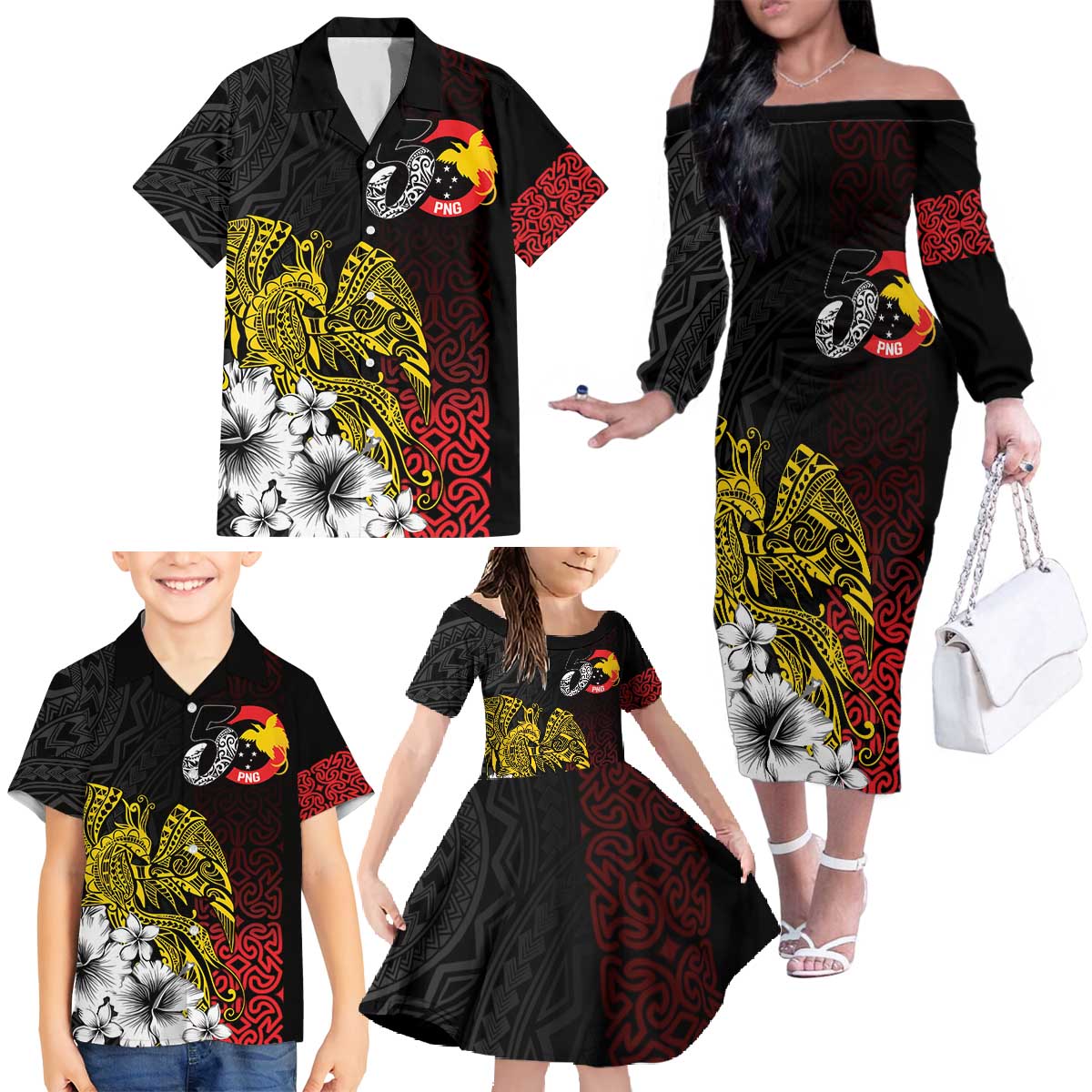 Personalized Papua New Guinea 50th Independence Anniversary Family Matching Off The Shoulder Long Sleeve Dress and Hawaiian Shirt Oro Tapa Mix Plumeria