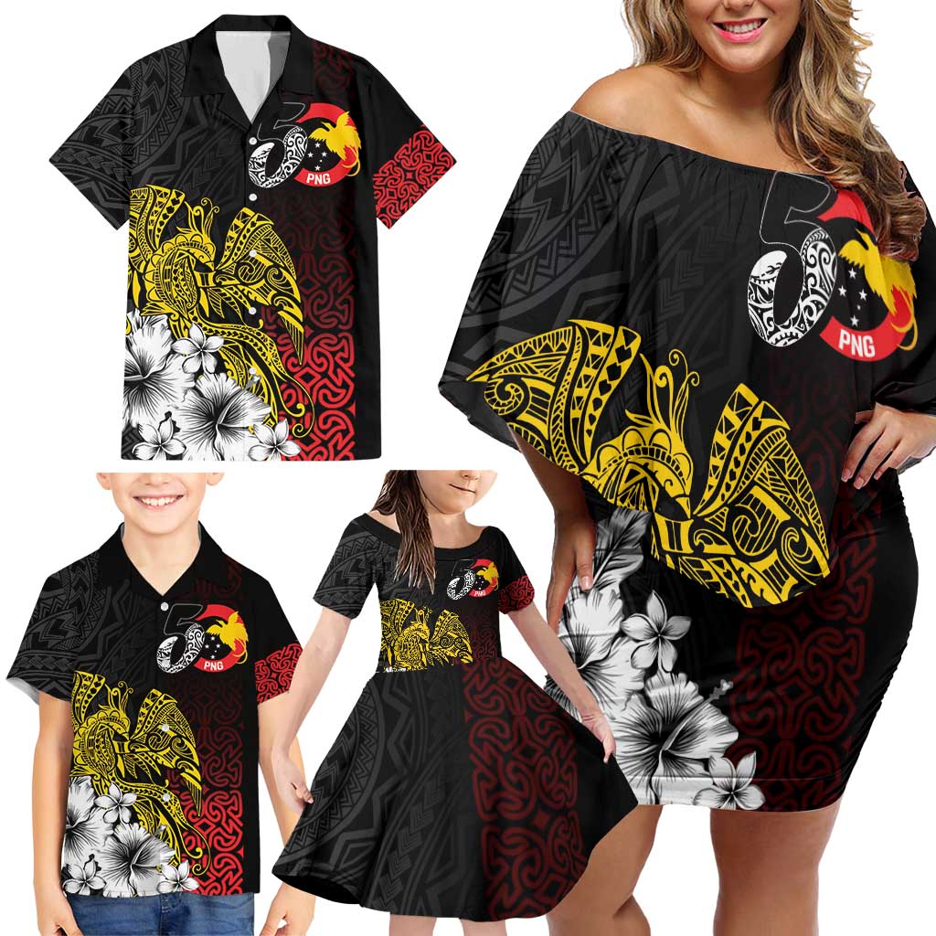 Personalized Papua New Guinea 50th Independence Anniversary Family Matching Off Shoulder Short Dress and Hawaiian Shirt Oro Tapa Mix Plumeria