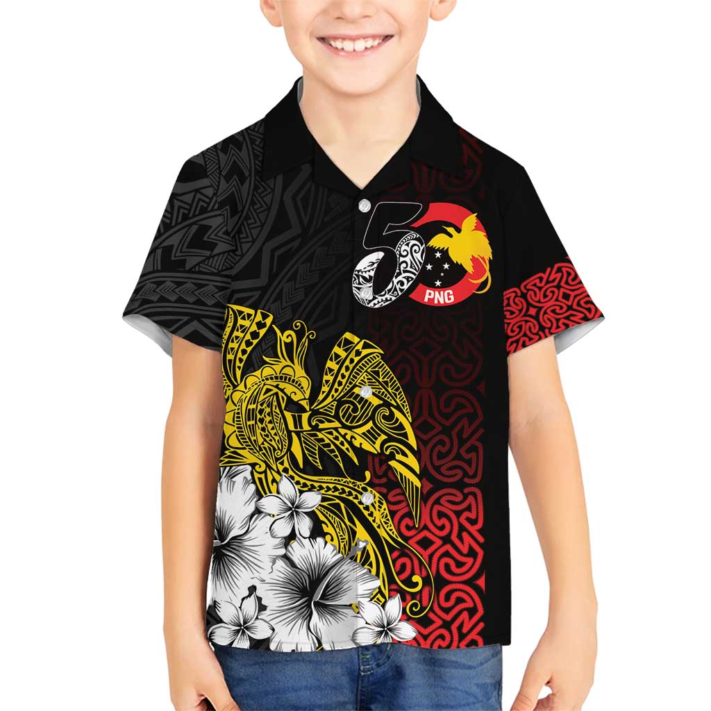 Personalized Papua New Guinea 50th Independence Anniversary Family Matching Off Shoulder Short Dress and Hawaiian Shirt Oro Tapa Mix Plumeria