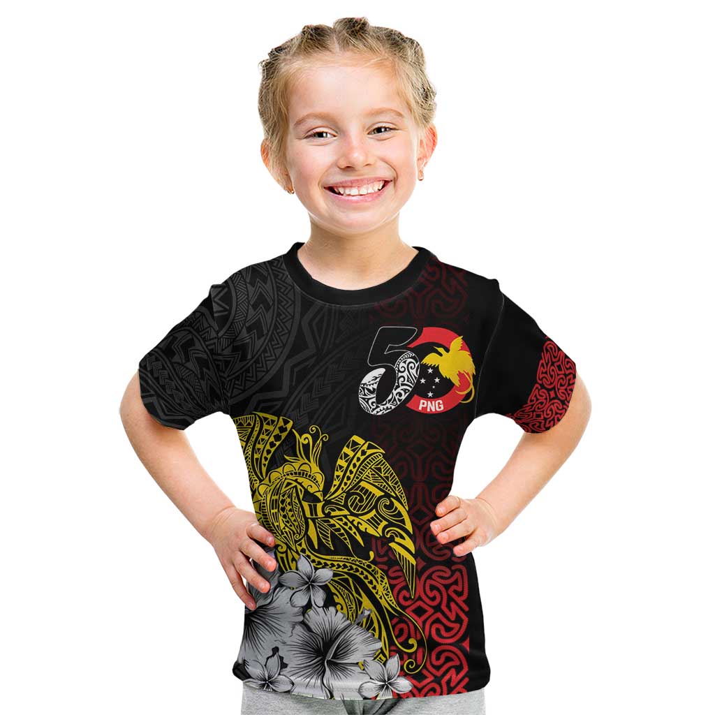 Personalized Papua New Guinea 50th Independence Anniversary Kid T Shirt Oro Tapa Mix Plumeria LT7 Black - Polynesian Pride