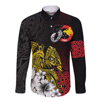 Personalized Papua New Guinea 50th Independence Anniversary Long Sleeve Button Shirt Oro Tapa Mix Plumeria