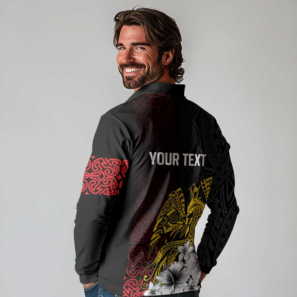 Personalized Papua New Guinea 50th Independence Anniversary Long Sleeve Polo Shirt Oro Tapa Mix Plumeria