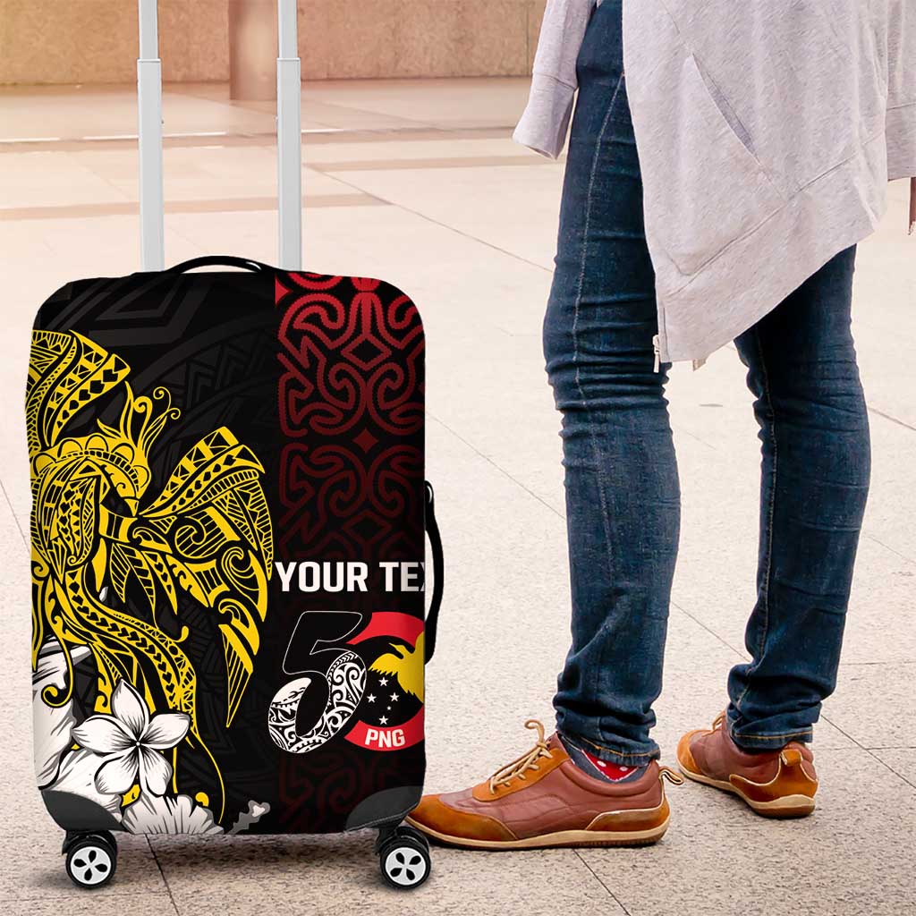 Personalized Papua New Guinea 50th Independence Anniversary Luggage Cover Oro Tapa Mix Plumeria LT7 Black - Polynesian Pride
