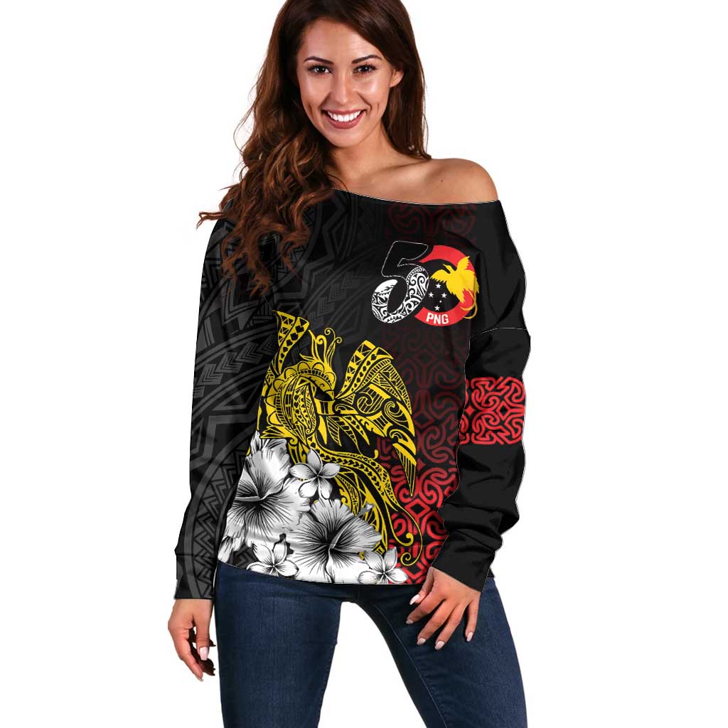 Personalized Papua New Guinea 50th Independence Anniversary Off Shoulder Sweater Oro Tapa Mix Plumeria LT7 Women Black - Polynesian Pride