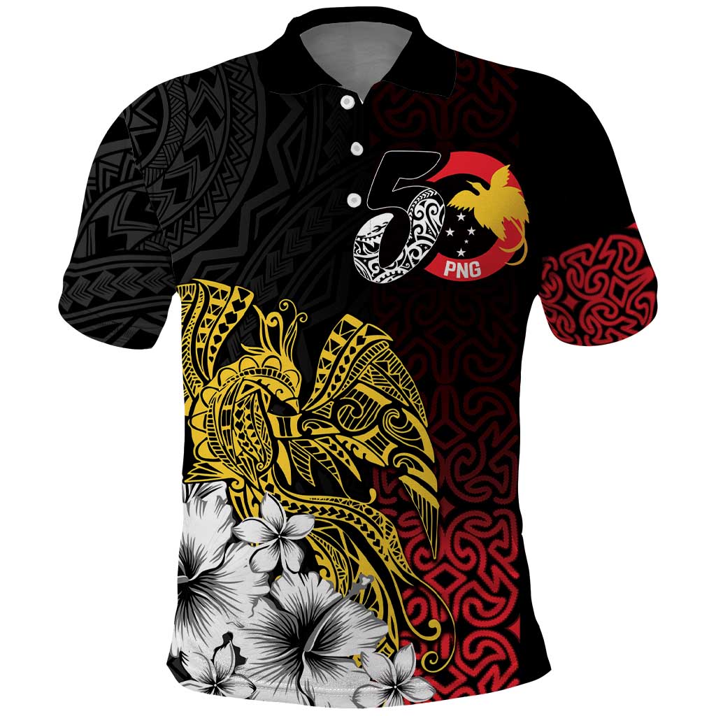 Personalized Papua New Guinea 50th Independence Anniversary Polo Shirt Oro Tapa Mix Plumeria