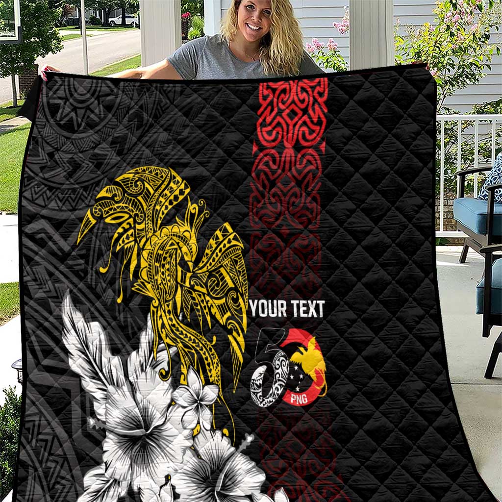 Personalized Papua New Guinea 50th Independence Anniversary Quilt Oro Tapa Mix Plumeria LT7 Black - Polynesian Pride