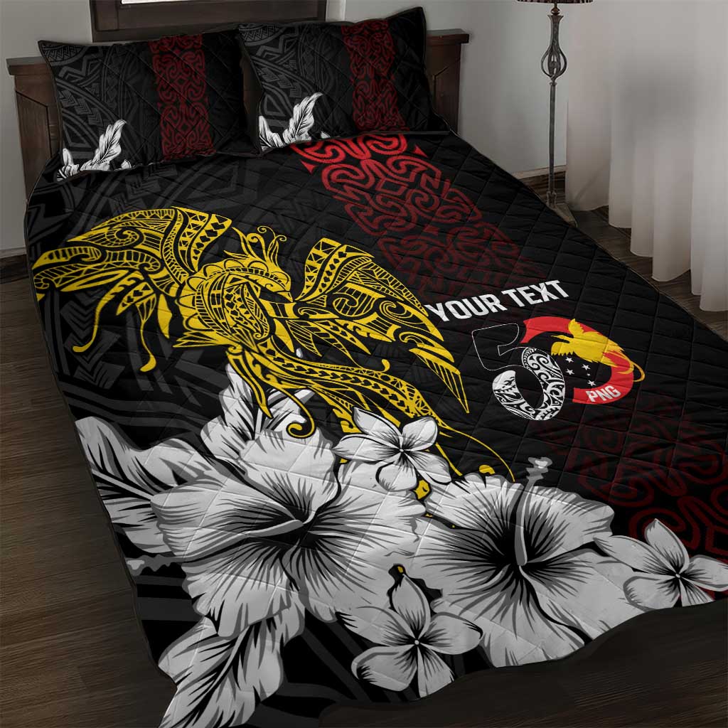 Personalized Papua New Guinea 50th Independence Anniversary Quilt Bed Set Oro Tapa Mix Plumeria LT7 Black - Polynesian Pride