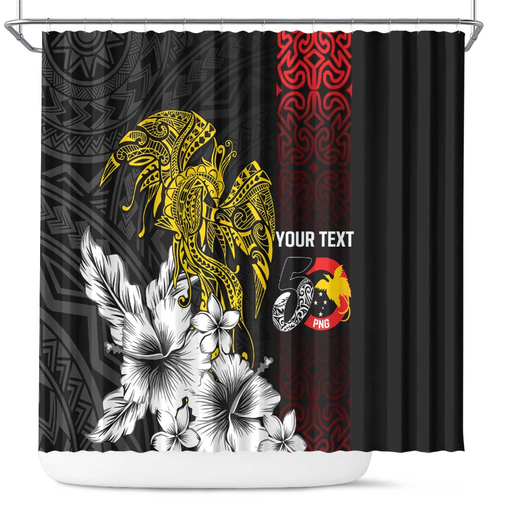 Personalized Papua New Guinea 50th Independence Anniversary Shower Curtain Oro Tapa Mix Plumeria LT7 Black - Polynesian Pride