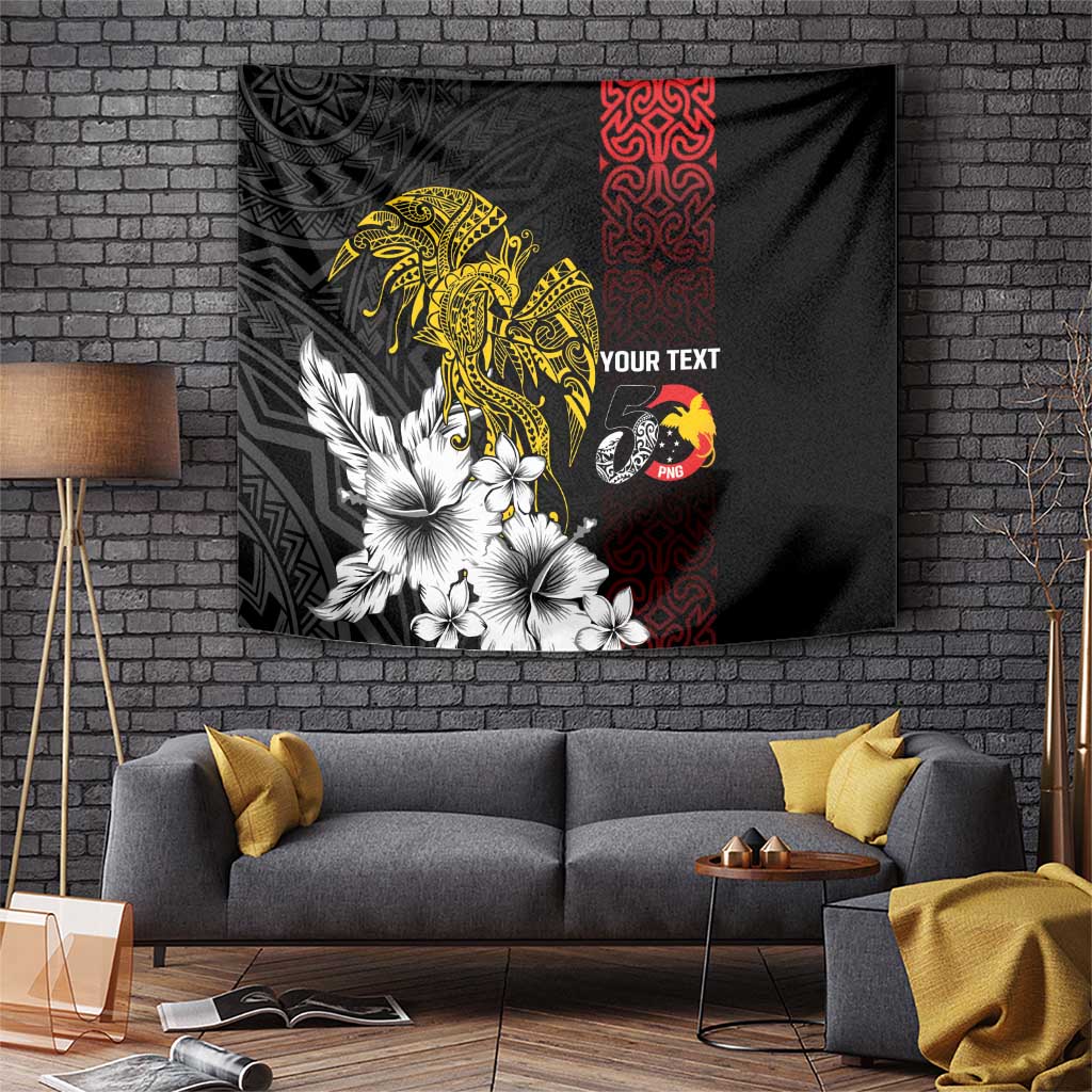Personalized Papua New Guinea 50th Independence Anniversary Tapestry Oro Tapa Mix Plumeria LT7 Black - Polynesian Pride