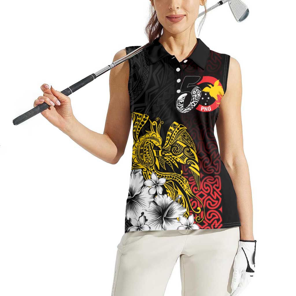 Personalized Papua New Guinea 50th Independence Anniversary Women Sleeveless Polo Shirt Oro Tapa Mix Plumeria
