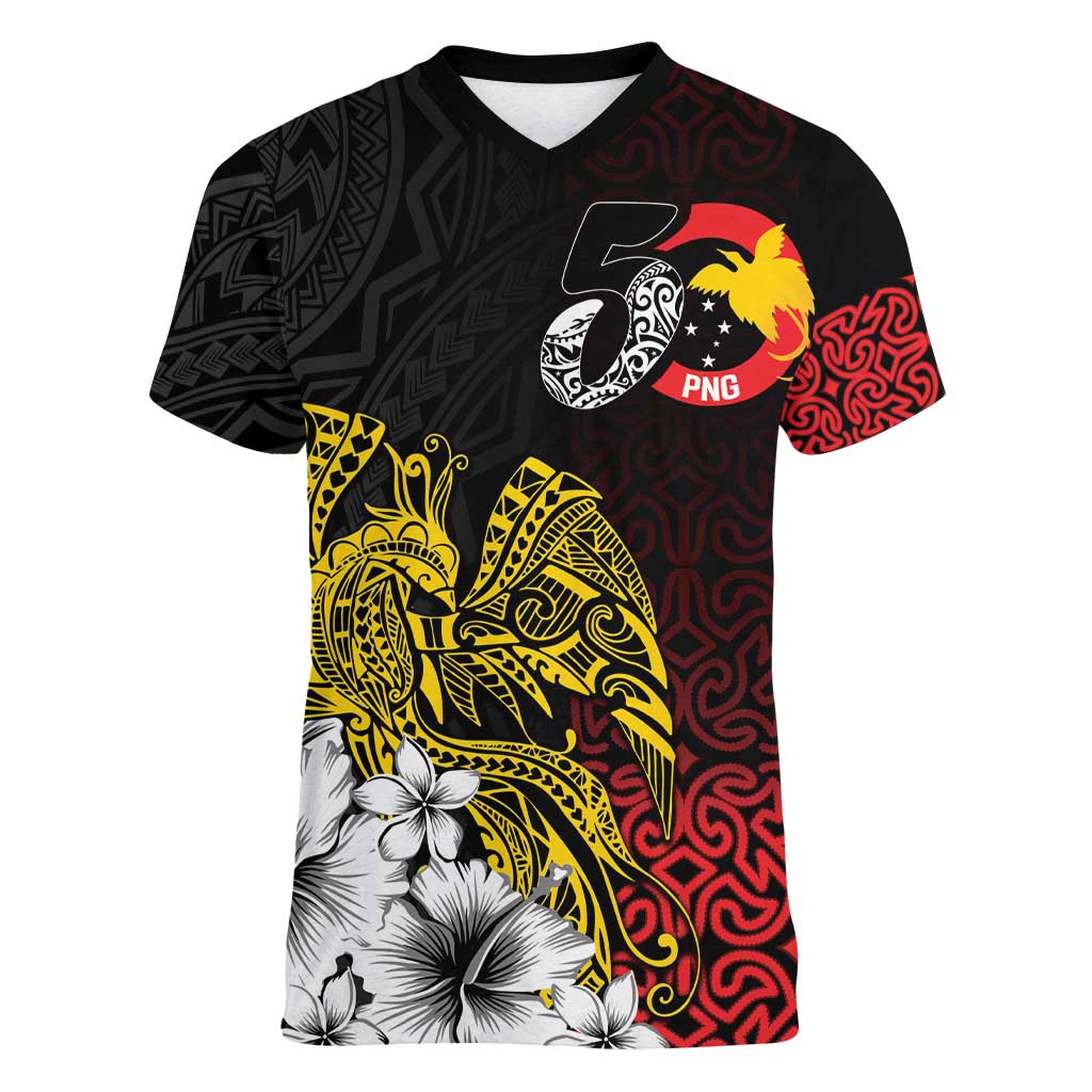 Personalized Papua New Guinea 50th Independence Anniversary Women V-Neck T-Shirt Oro Tapa Mix Plumeria