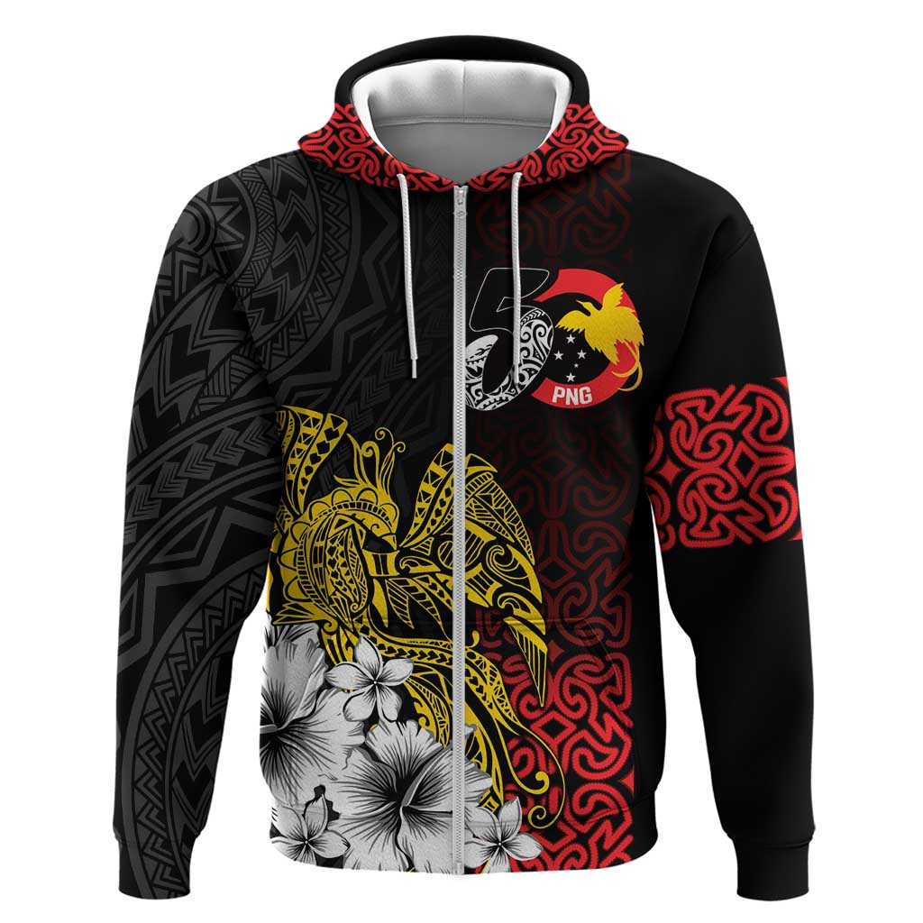 Personalized Papua New Guinea 50th Independence Anniversary Zip Hoodie Oro Tapa Mix Plumeria LT7 Zip Hoodie Black - Polynesian Pride