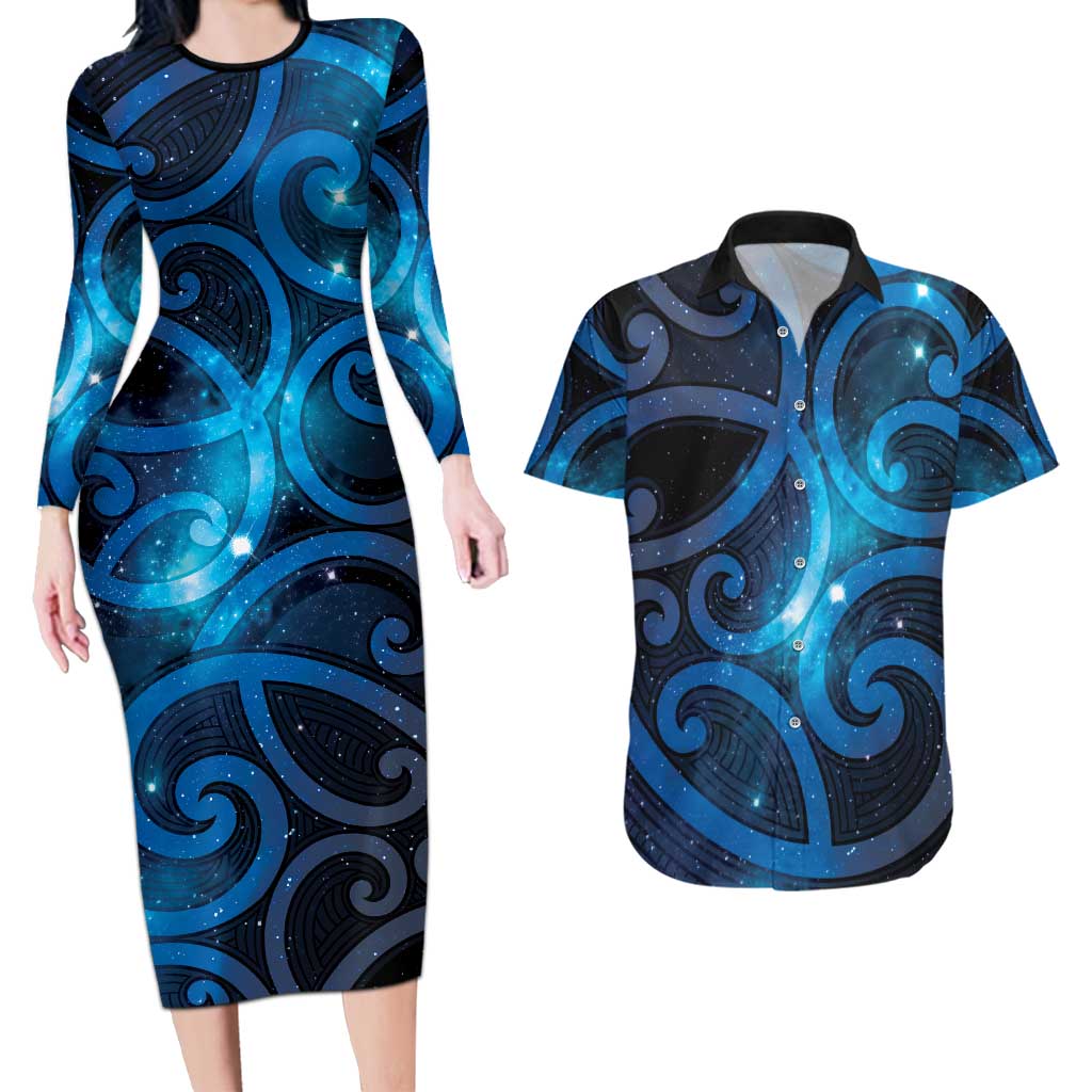 New Zealand Maori Matariki Couples Matching Long Sleeve Bodycon Dress and Hawaiian Shirt Galaxy Kowhaiwhai