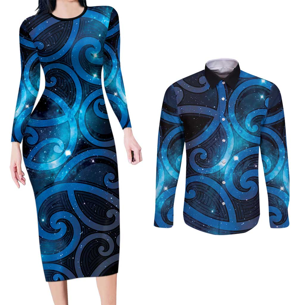 New Zealand Maori Matariki Couples Matching Long Sleeve Bodycon Dress and Long Sleeve Button Shirt Galaxy Kowhaiwhai