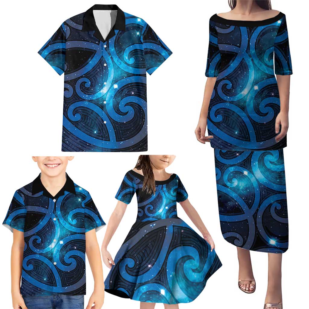New Zealand Maori Matariki Family Matching Puletasi and Hawaiian Shirt Galaxy Kowhaiwhai
