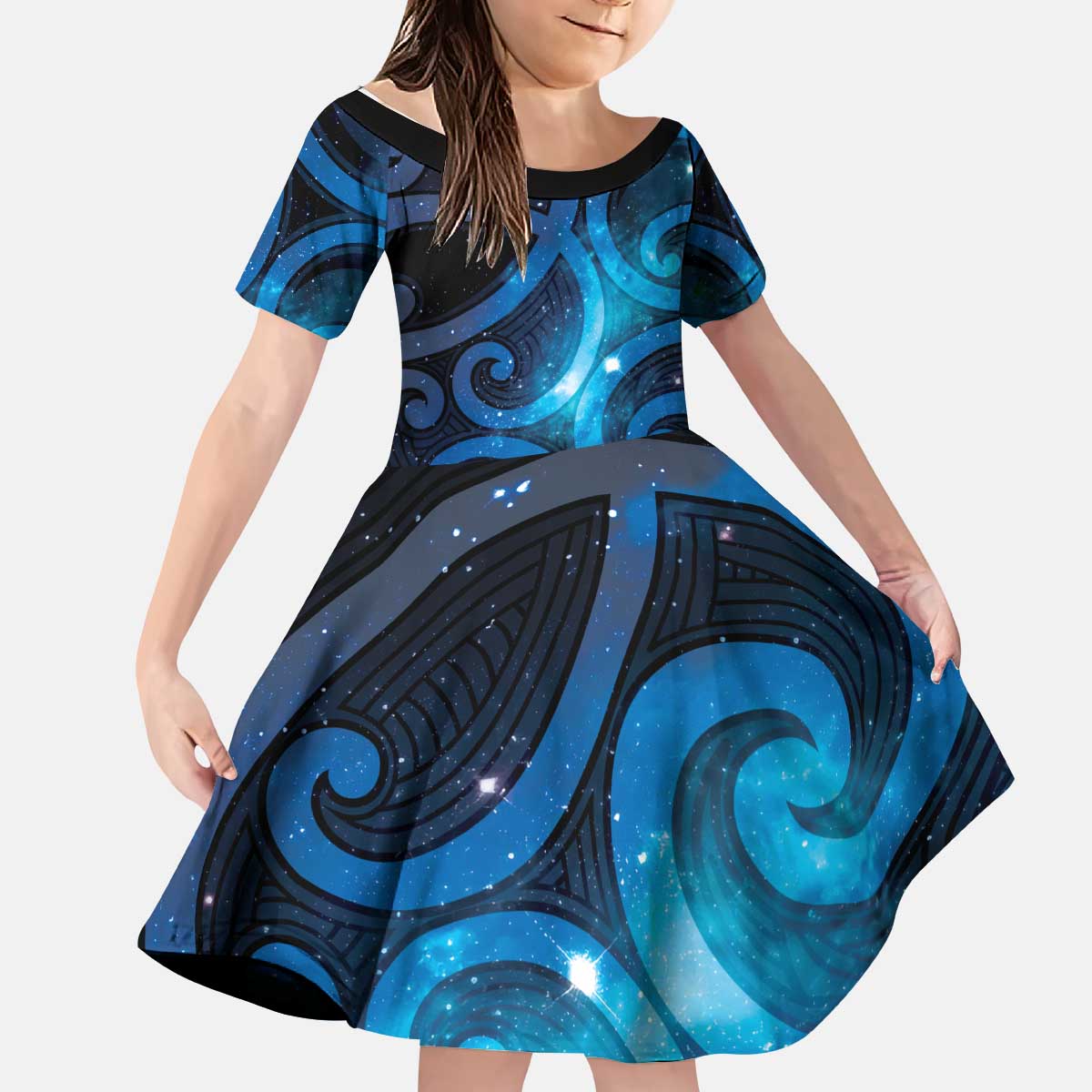 New Zealand Maori Matariki Kid Short Sleeve Dress Galaxy Kowhaiwhai LT7 KID Galaxy - Polynesian Pride