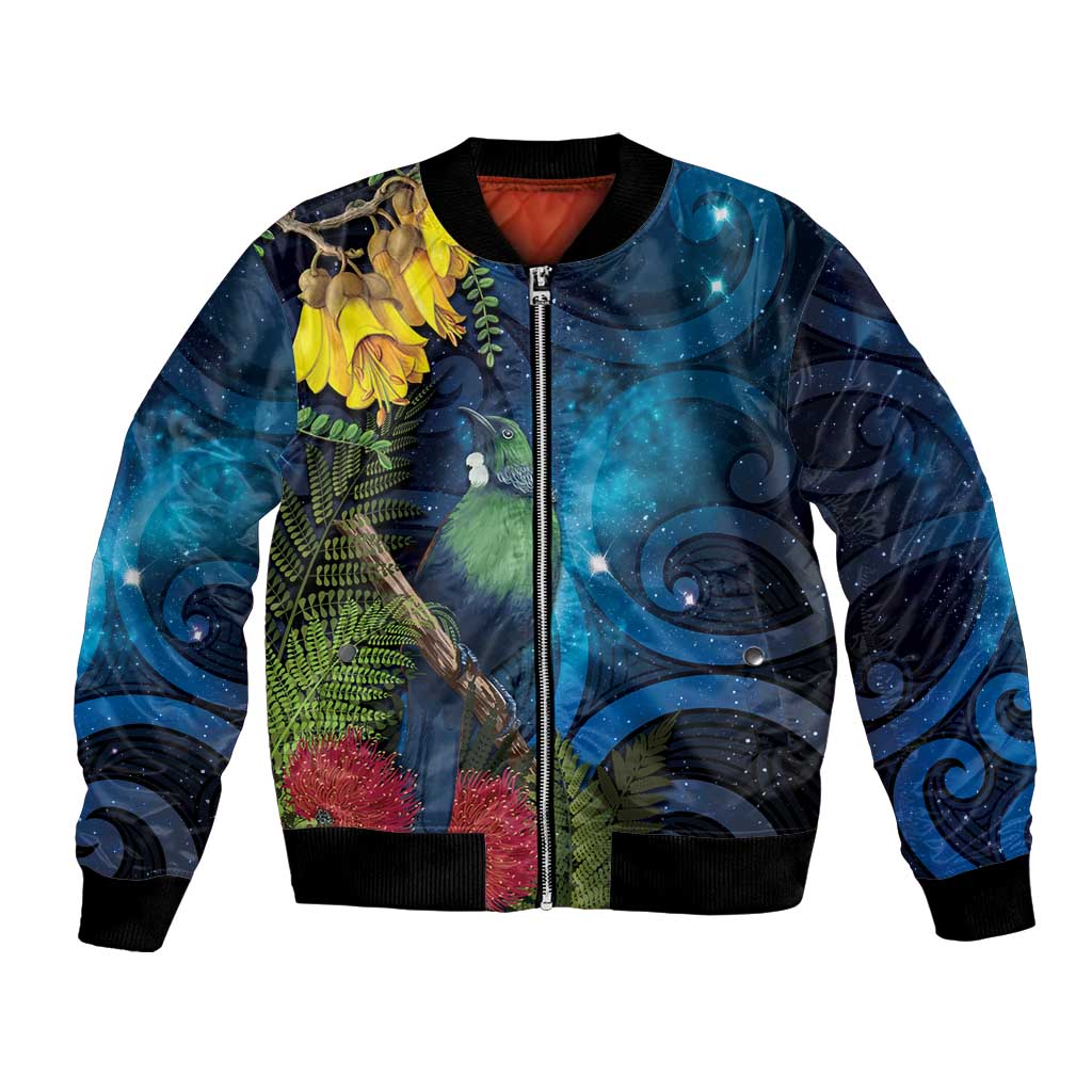Tui Bird New Zealand Starry Sky Bomber Jacket Maori Koru LT7 Unisex Galaxy - Polynesian Pride