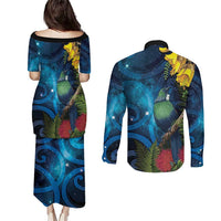 Tui Bird New Zealand Starry Sky Couples Matching Puletasi and Long Sleeve Button Shirt Maori Koru
