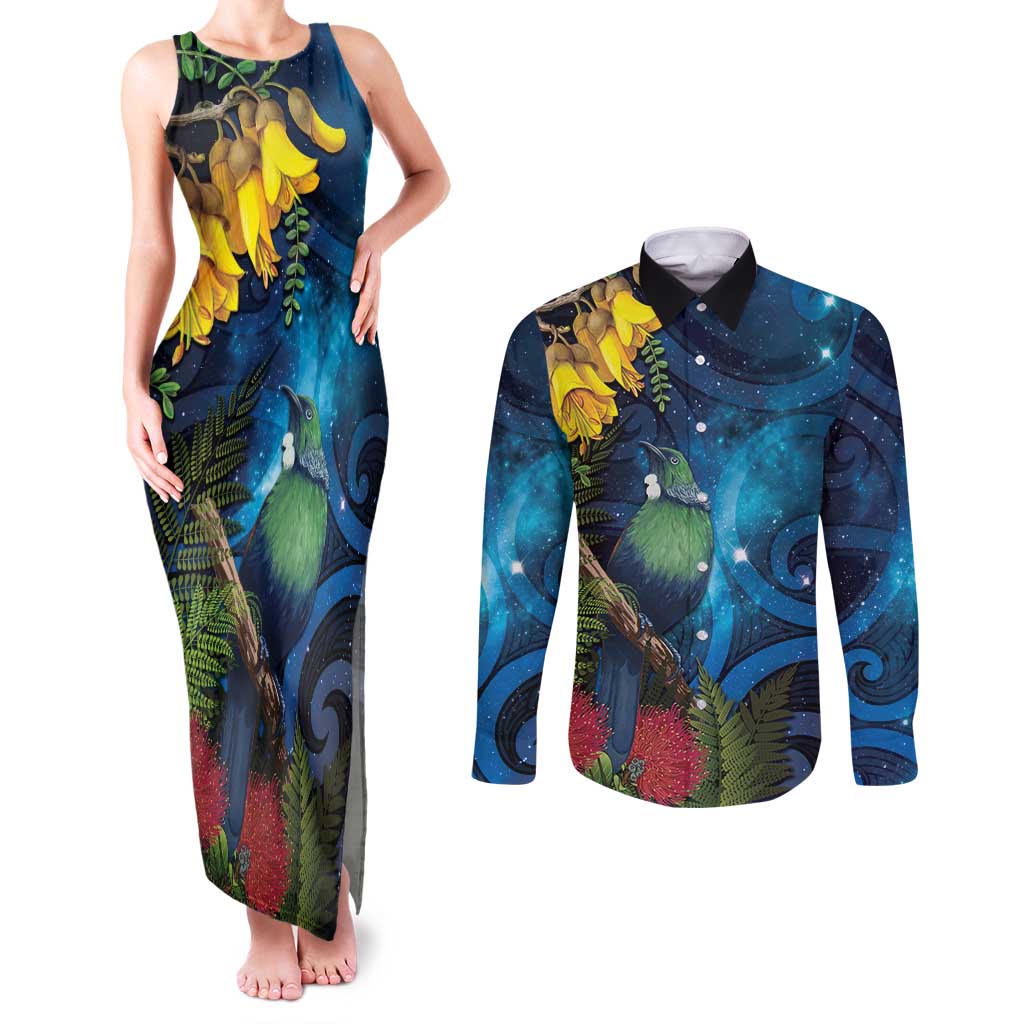 Tui Bird New Zealand Starry Sky Couples Matching Tank Maxi Dress and Long Sleeve Button Shirt Maori Koru