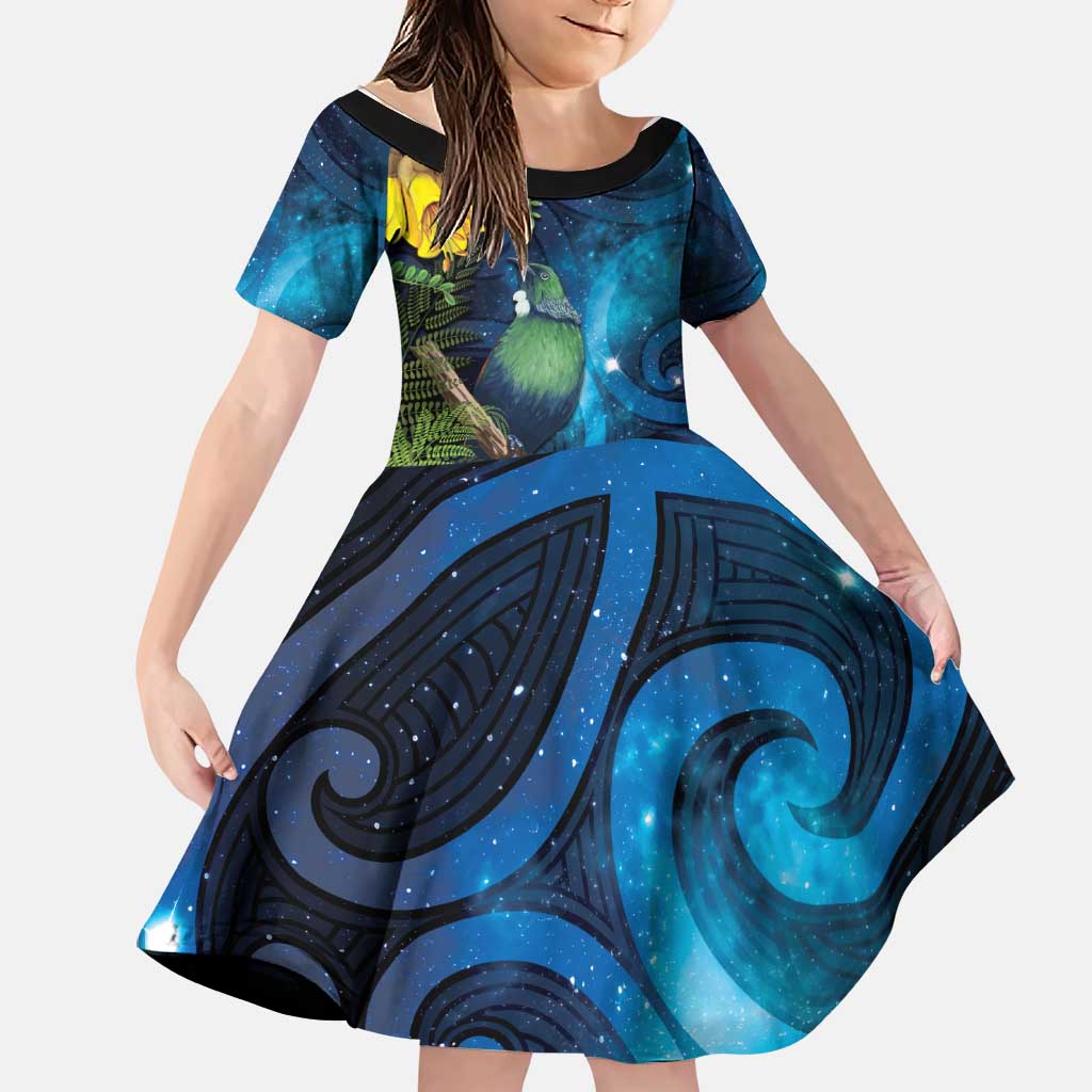 Tui Bird New Zealand Starry Sky Family Matching Long Sleeve Bodycon Dress and Hawaiian Shirt Maori Koru LT7 Daughter's Dress Galaxy - Polynesian Pride