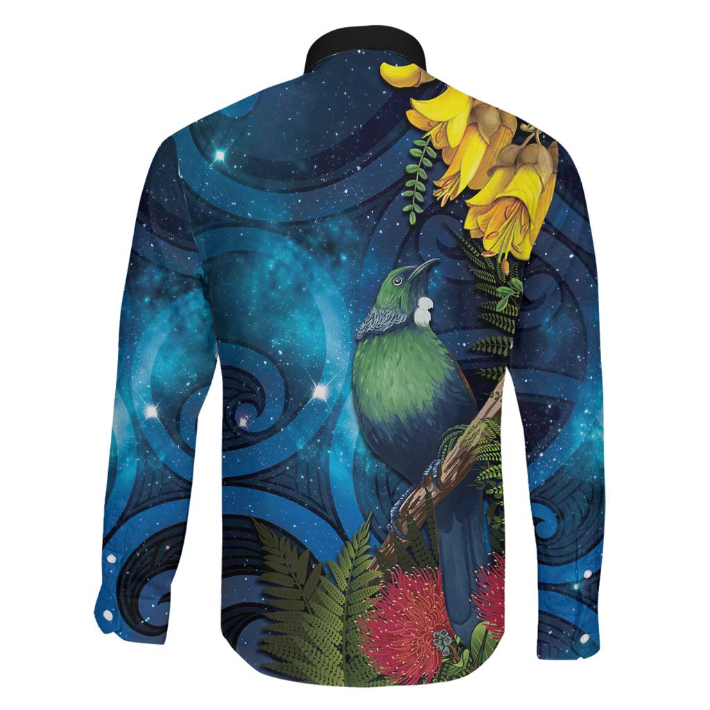 Tui Bird New Zealand Starry Sky Family Matching Long Sleeve Bodycon Dress and Hawaiian Shirt Maori Koru LT7 - Polynesian Pride