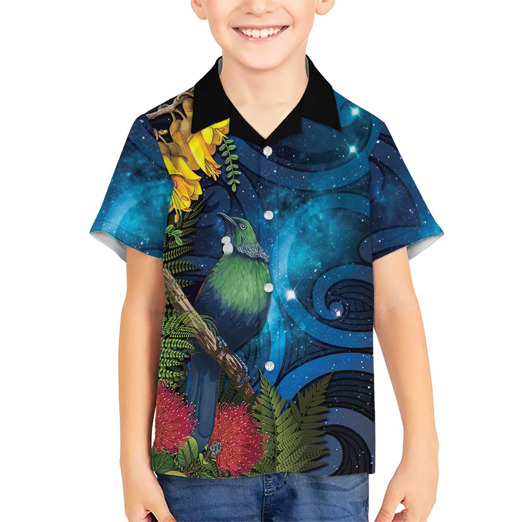 Tui Bird New Zealand Starry Sky Family Matching Off The Shoulder Long Sleeve Dress and Hawaiian Shirt Maori Koru LT7 Son's Shirt Galaxy - Polynesian Pride