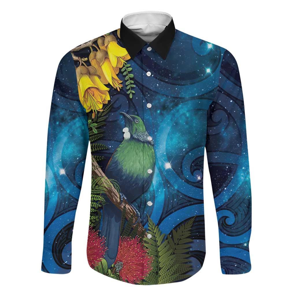 Tui Bird New Zealand Starry Sky Family Matching Off Shoulder Maxi Dress and Hawaiian Shirt Maori Koru LT7 Dad's Shirt - Long Sleeve Galaxy - Polynesian Pride