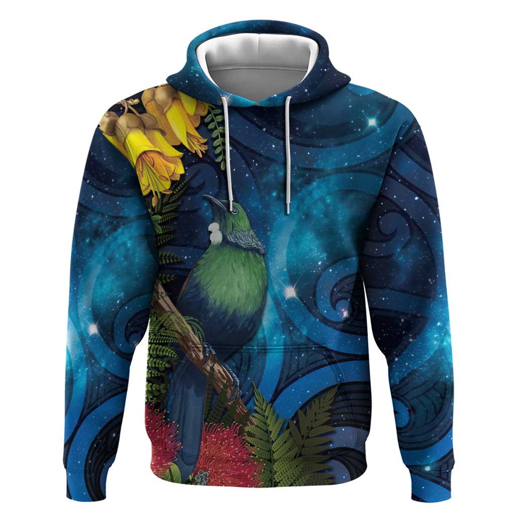 Tui Bird New Zealand Starry Sky Hoodie Maori Koru LT7 Pullover Hoodie Galaxy - Polynesian Pride