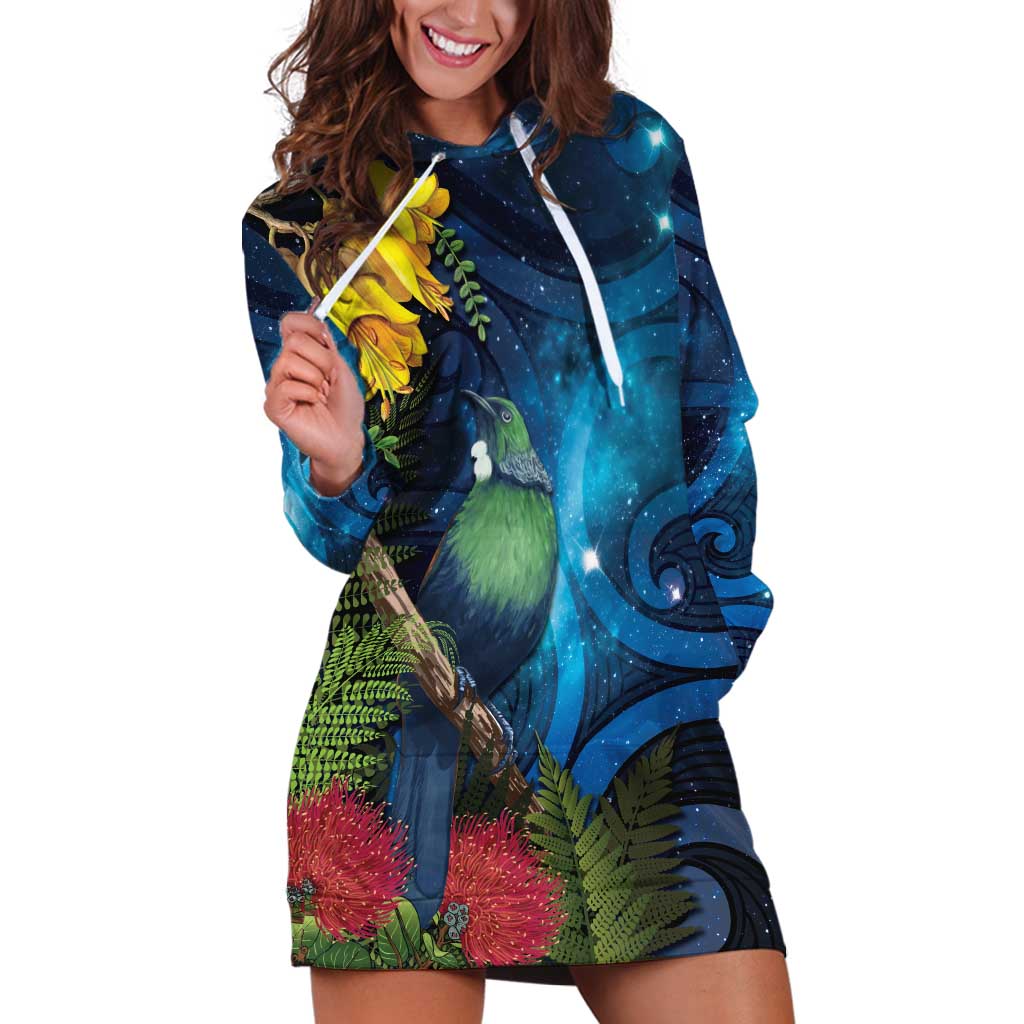 Tui Bird New Zealand Starry Sky Hoodie Dress Maori Koru LT7 Galaxy - Polynesian Pride
