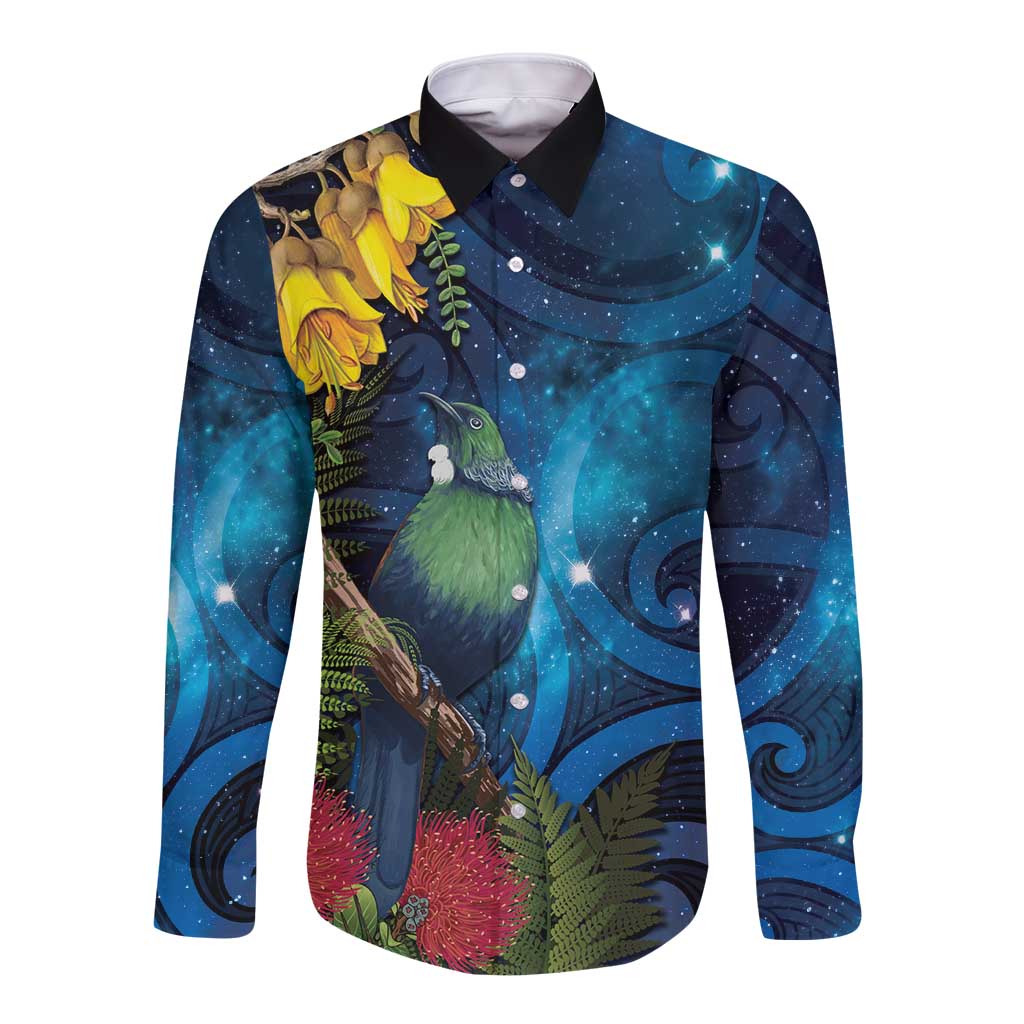 Tui Bird New Zealand Starry Sky Long Sleeve Button Shirt Maori Koru