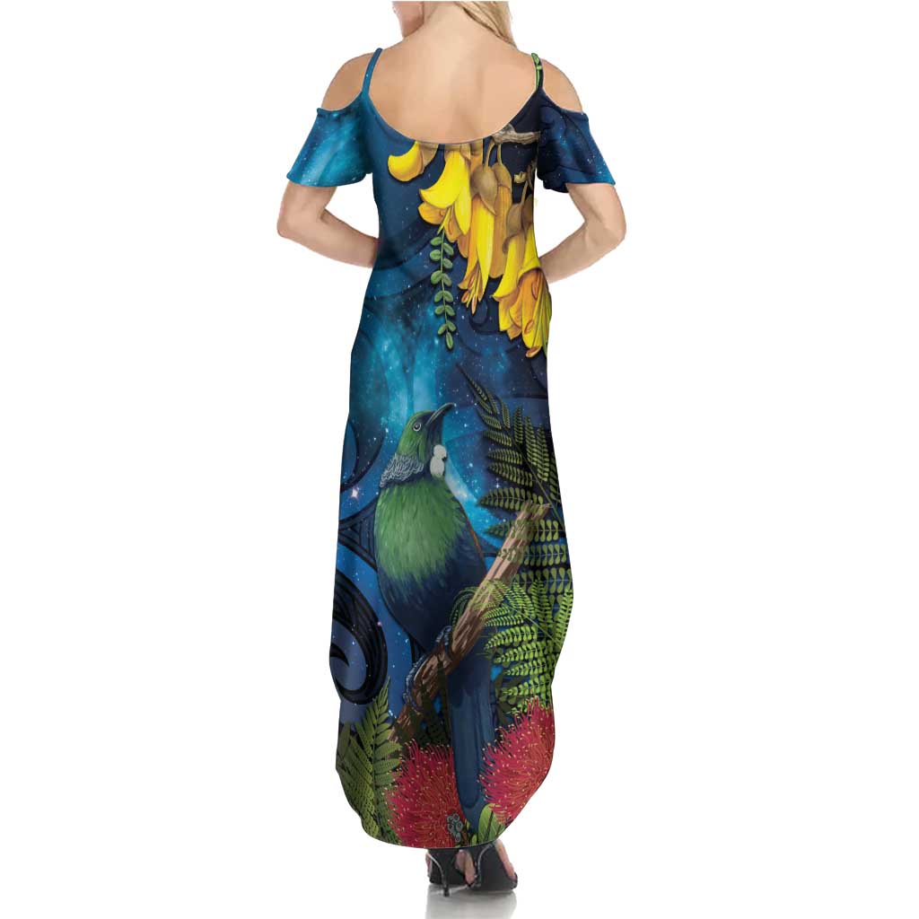 Tui Bird New Zealand Starry Sky Summer Maxi Dress Maori Koru LT7 - Polynesian Pride