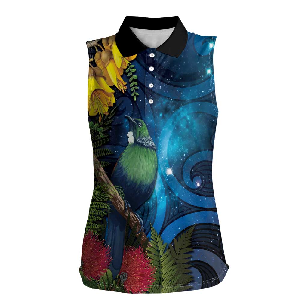 Tui Bird New Zealand Starry Sky Women Sleeveless Polo Shirt Maori Koru