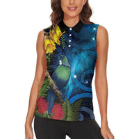 Tui Bird New Zealand Starry Sky Women Sleeveless Polo Shirt Maori Koru