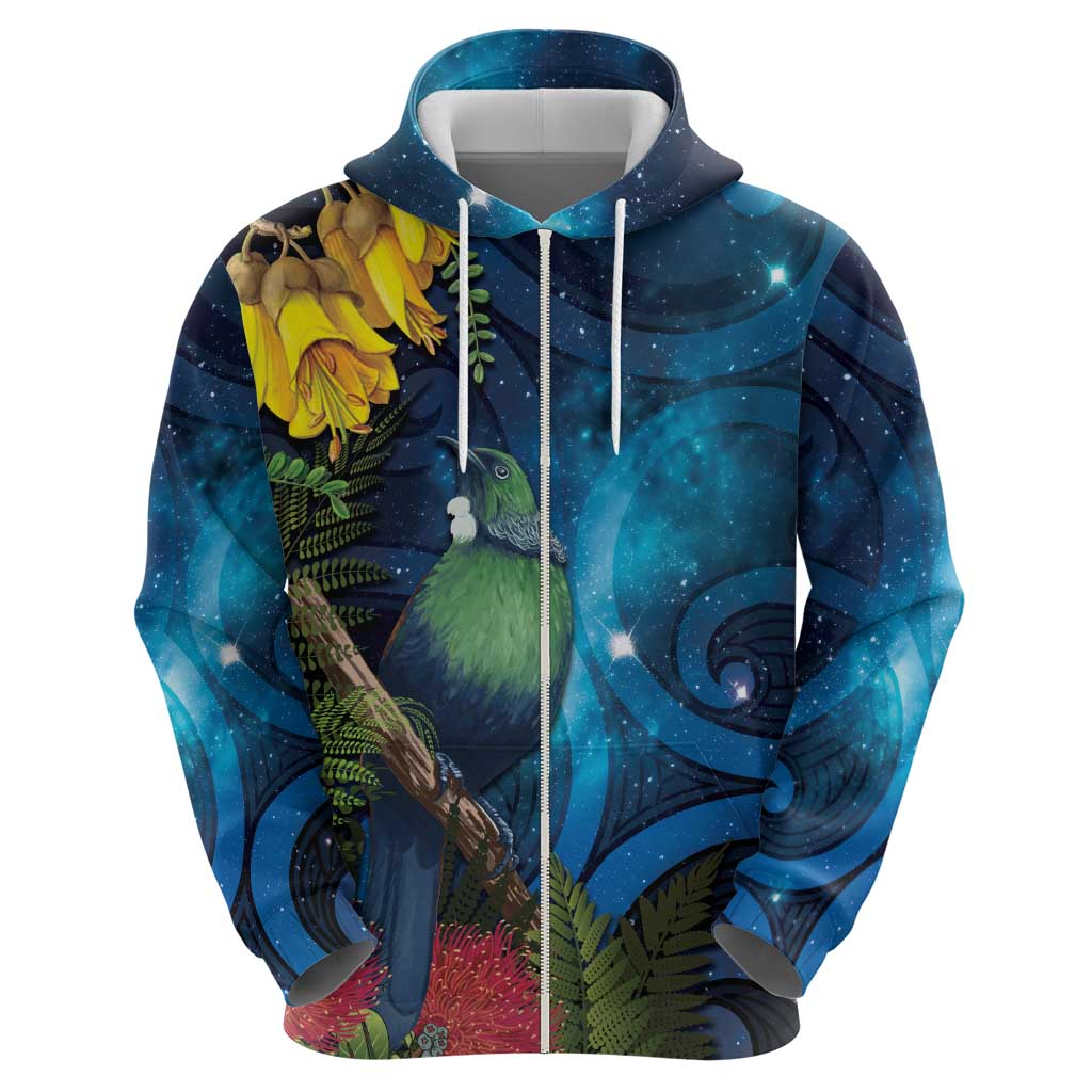 Tui Bird New Zealand Starry Sky Zip Hoodie Maori Koru LT7 - Polynesian Pride
