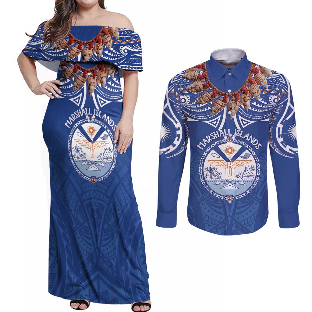 Yokwe Marshall Islands Personalized Couples Matching Off Shoulder Maxi Dress and Long Sleeve Button Shirt Jemenei Day - Seashell Necklace