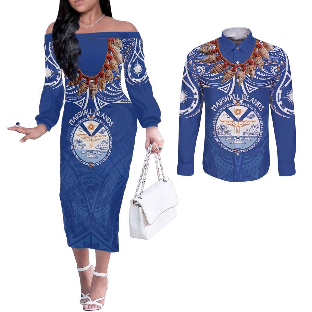 Yokwe Marshall Islands Personalized Couples Matching Off The Shoulder Long Sleeve Dress and Long Sleeve Button Shirt Jemenei Day - Seashell Necklace