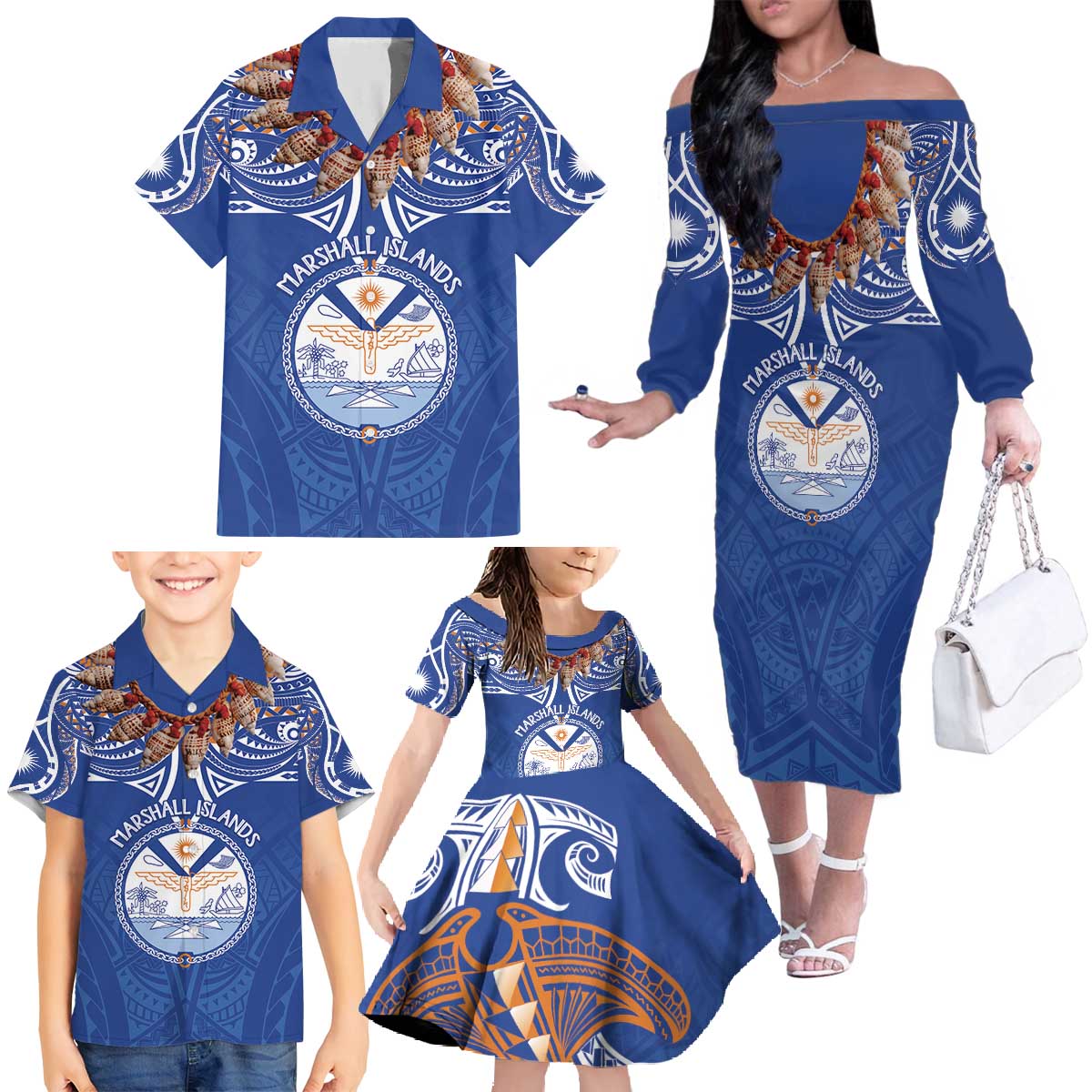 Yokwe Marshall Islands Personalized Family Matching Off The Shoulder Long Sleeve Dress and Hawaiian Shirt Jemenei Day - Seashell Necklace