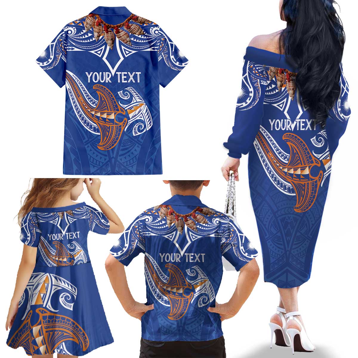 Yokwe Marshall Islands Personalized Family Matching Off The Shoulder Long Sleeve Dress and Hawaiian Shirt Jemenei Day - Seashell Necklace