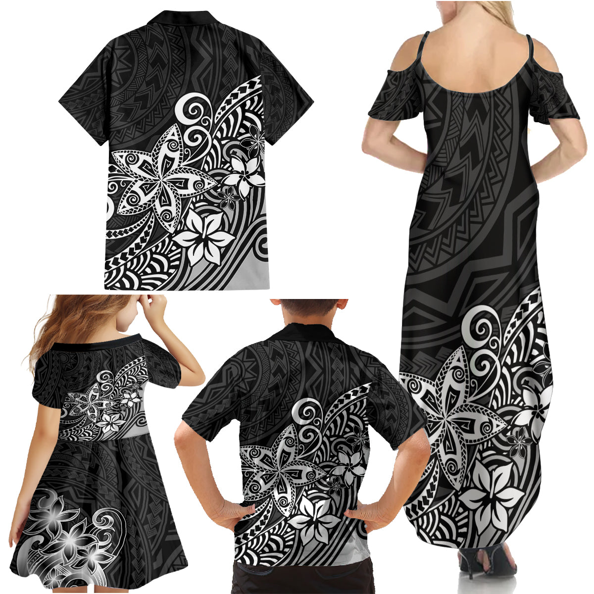 Hawaii Family Matching Outfits Polynesia Summer Maxi Dress And Shirt Family Set Clothes Plumeria Black Curves LT7 - Polynesian Pride