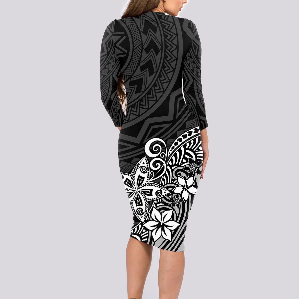 Polynesia Long Sleeve Bodycon Dress Plumeria Black Curves LT7 - Polynesian Pride