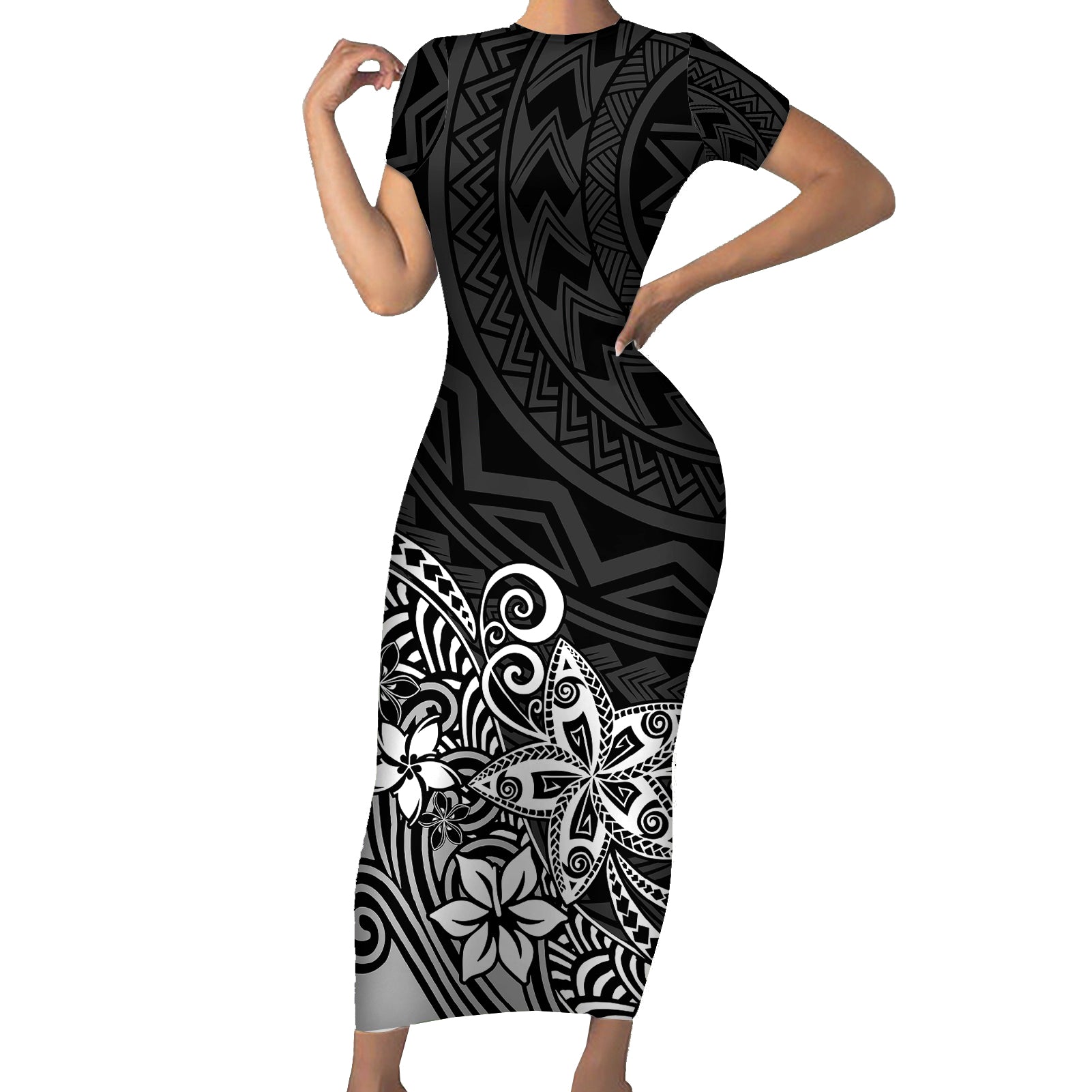 Polynesia Short Sleeve Bodycon Dress Plumeria Black Curves LT7 Long Dress Black - Polynesian Pride
