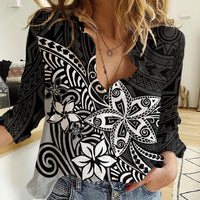 Polynesia Women Casual Shirt Plumeria Black Curves LT7 Female Black - Polynesian Pride