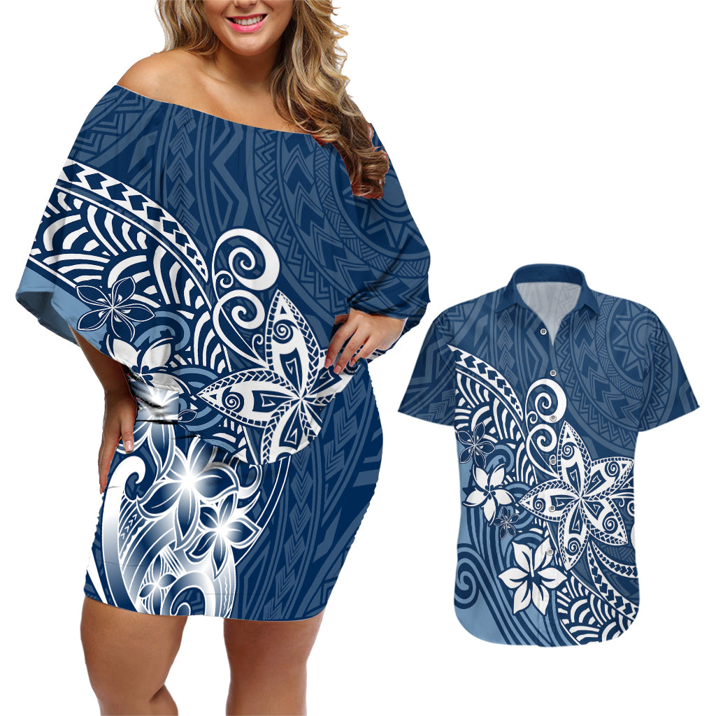 Polynesia Couples Matching Off Shoulder Short Dress and Hawaiian Shirt Plumeria Blue Curves LT7 Blue - Polynesian Pride