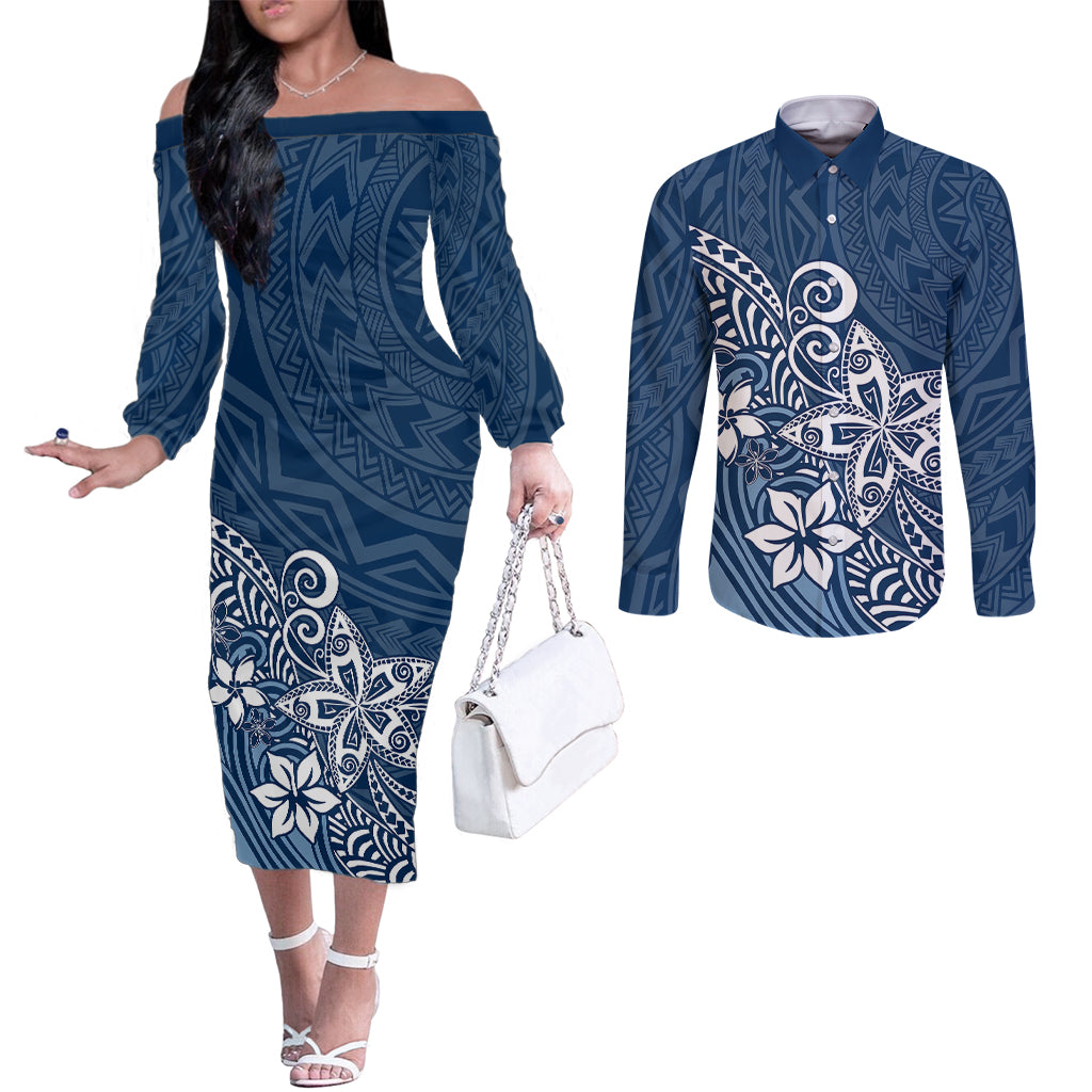 Polynesia Couples Matching Off The Shoulder Long Sleeve Dress and Long Sleeve Button Shirts Plumeria Blue Curves LT7 Blue - Polynesian Pride
