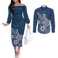 Polynesia Couples Matching Off The Shoulder Long Sleeve Dress and Long Sleeve Button Shirts Plumeria Blue Curves LT7 Blue - Polynesian Pride
