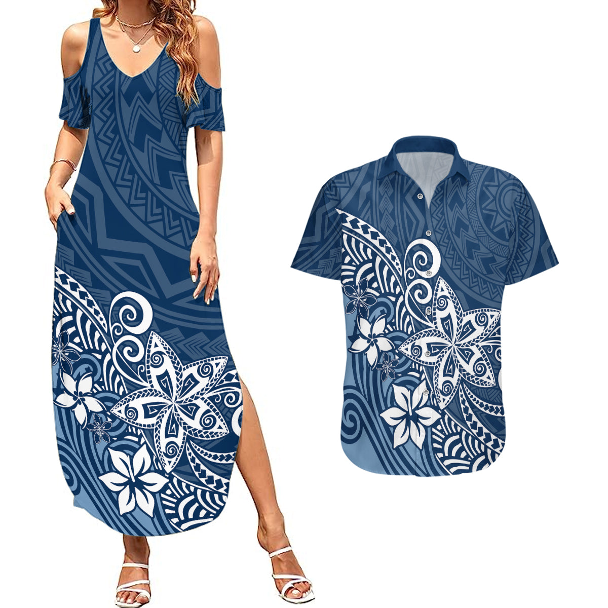 Polynesia Couples Matching Summer Maxi Dress and Hawaiian Shirt Plumeria Blue Curves LT7 Blue - Polynesian Pride
