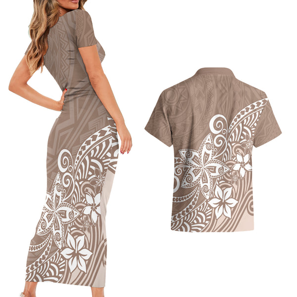 Polynesian Matching Outfit For Family Plumeria Flowers Long Sleeve Bodycon Dress Hawaiian Shirt Polynesian Tribal White Vibe LT9