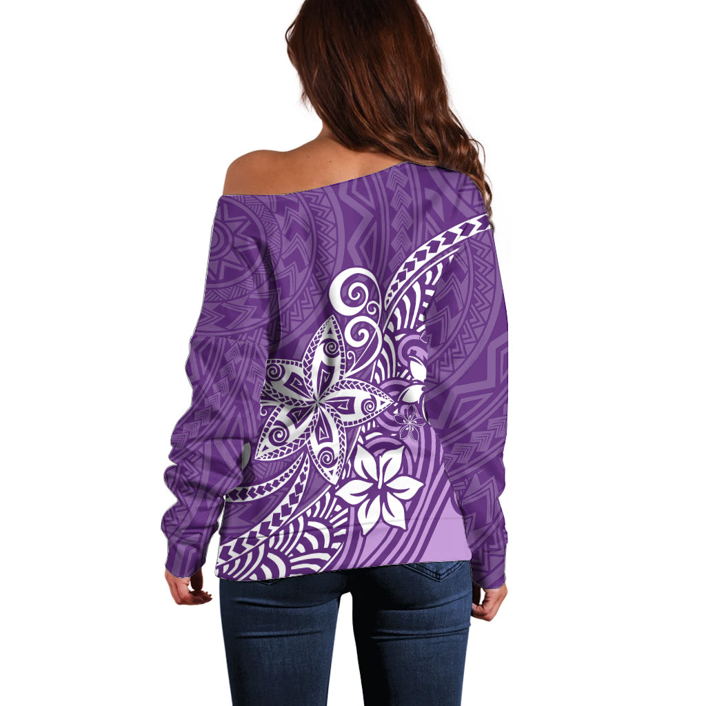 Polynesia Off Shoulder Sweater Plumeria Purple Curves LT7 - Polynesian Pride
