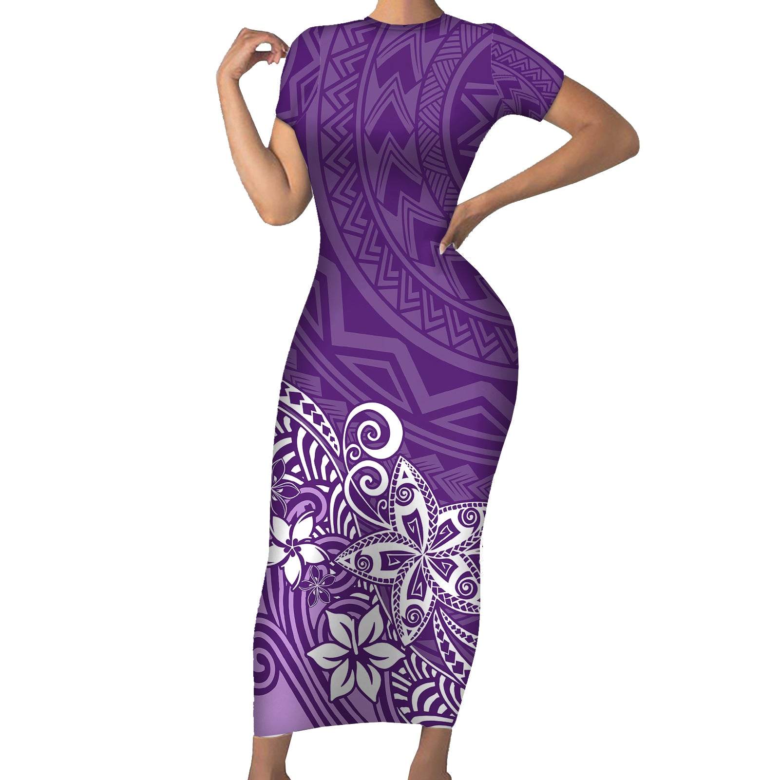 Polynesia Short Sleeve Bodycon Dress Plumeria Purple Curves LT7 Long Dress Purple - Polynesian Pride