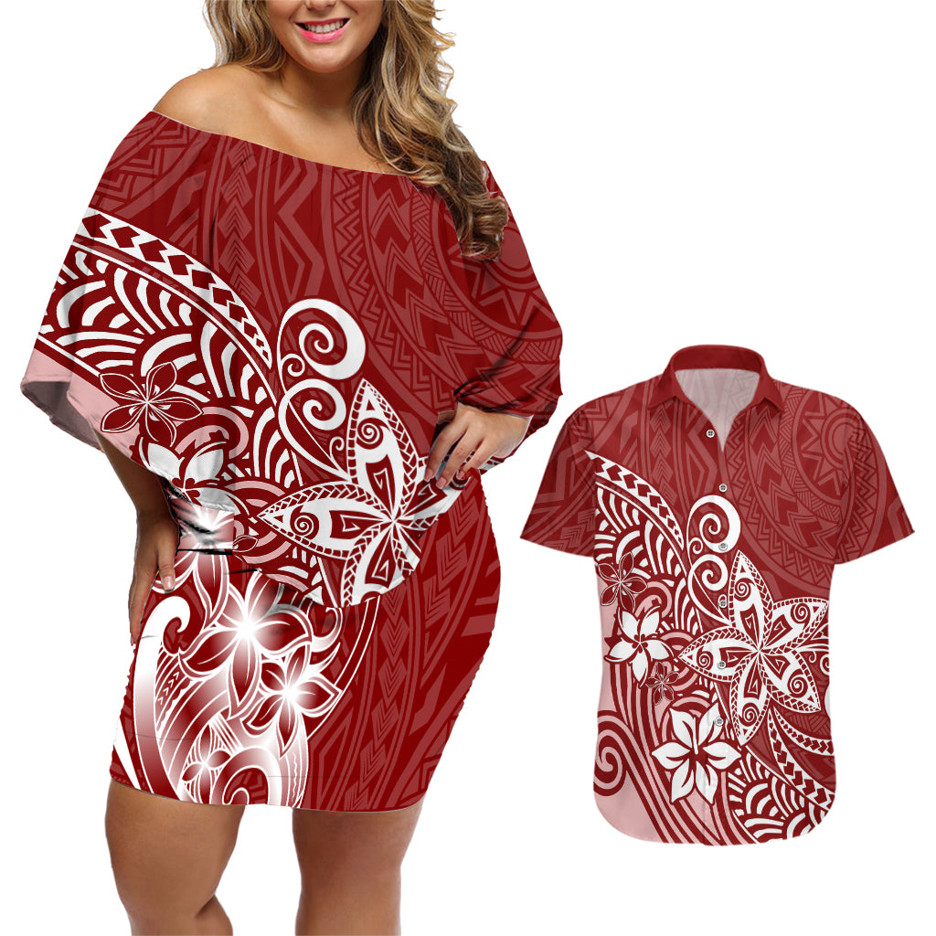 Polynesia Couples Matching Off Shoulder Short Dress and Hawaiian Shirt Plumeria Red Curves LT7 Red - Polynesian Pride